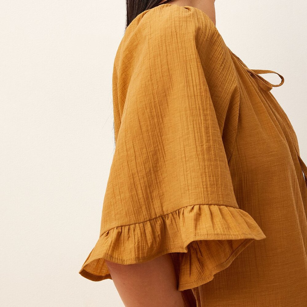 NWT Bronze/Amber Crinkled texture ruffle-trim minidress - Picture 3 of 3